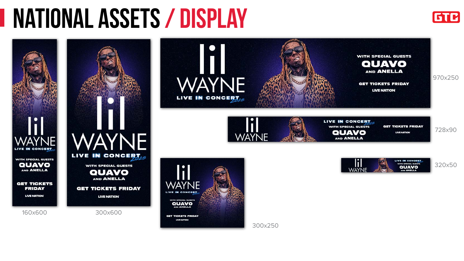 Lil Wayne tour guide page showing artwork adapted to six display advertising sizes